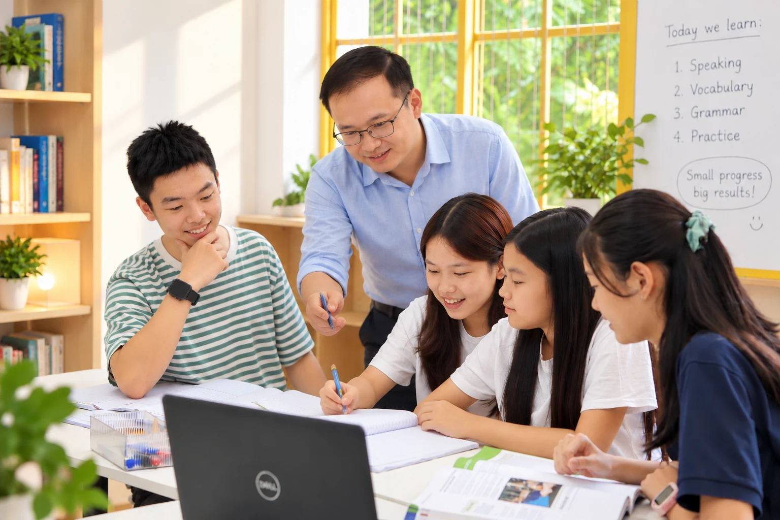 Mr Thai hướng dẫn nhóm học sinh học tiếng Anh trong lớp