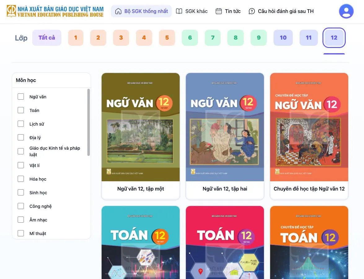 Giao diện tra cứu bộ SGK theo lớp và môn học trên hệ thống của Nhà xuất bản Giáo dục Việt Nam. Nguồn: taphuan.nxbgd.vn